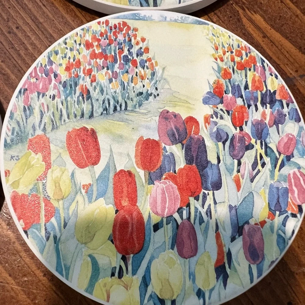 VTG Cape Shore Stone Coasters Tulips Floral Design Set Of Four NIB